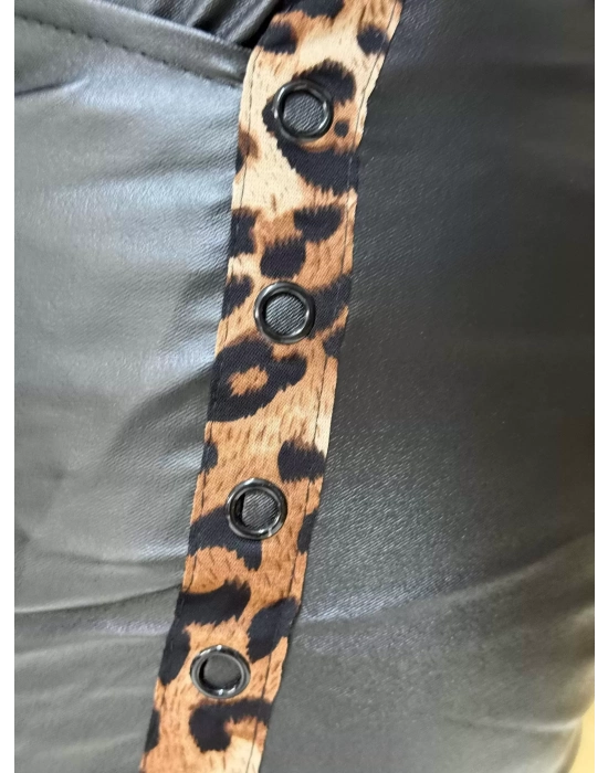 İtalyan Tasarım Deri Leopar Detaylı Likralı Pantolon Siyah