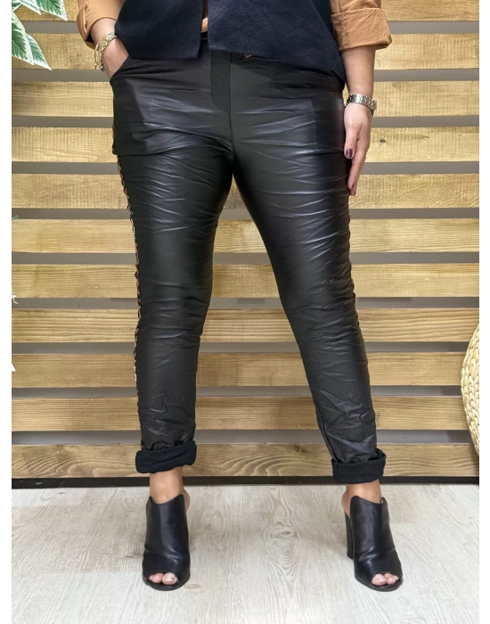 İtalyan Tasarım Deri Leopar Detaylı Likralı Pantolon Siyah