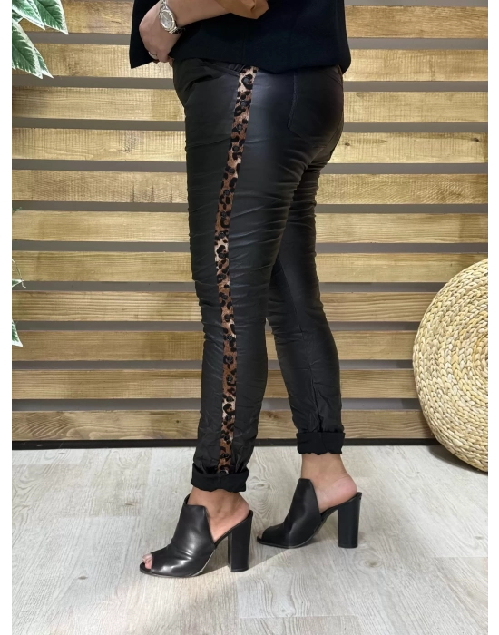 İtalyan Tasarım Deri Leopar Detaylı Likralı Pantolon Siyah