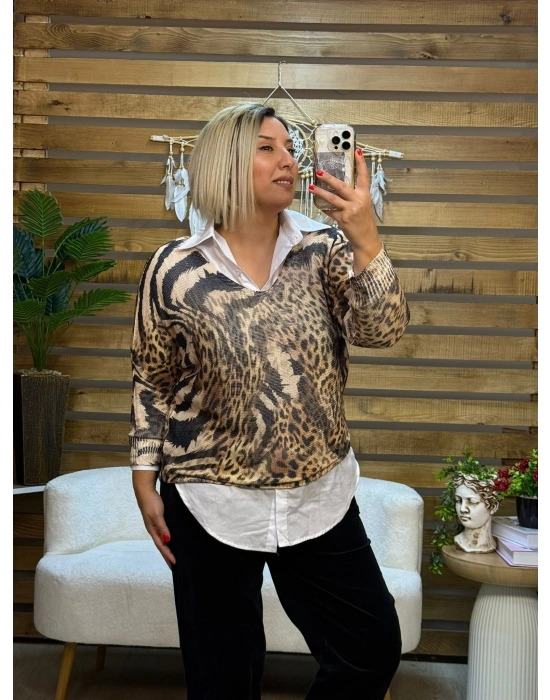 İtalyan Tasarım Dijital Baskı Merserize Bluz Kahve