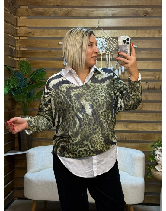 İtalyan Tasarım Dijital Baskı Merserize Bluz Yeşil