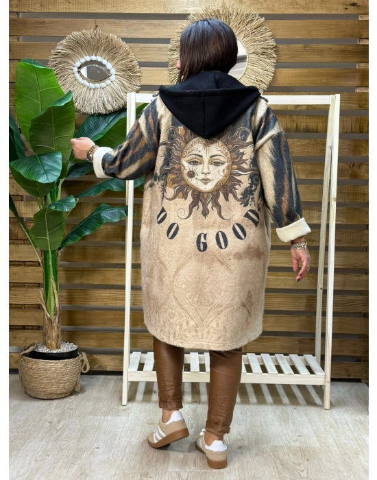 İtalyan Tasarım Dijital Baskılı Uzun Kapüşonlu Ceket Güneş