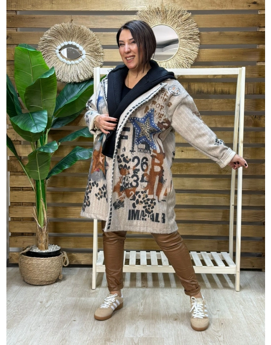 İtalyan Tasarım Dijital Baskılı Uzun Kapüşonlu Ceket Yıldız