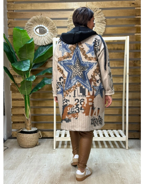İtalyan Tasarım Dijital Baskılı Uzun Kapüşonlu Ceket Yıldız