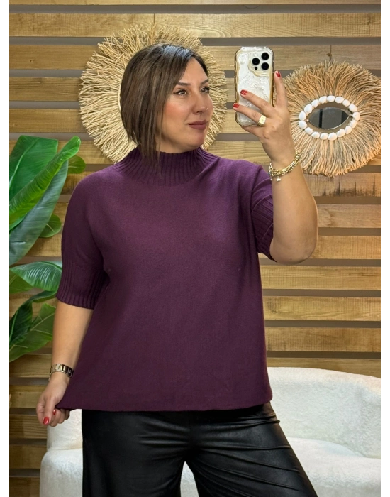 İtalyan Tasarım Dik Balıkçı Yaka Kazak Mürdüm