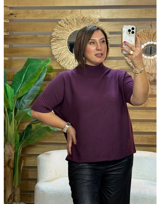 İtalyan Tasarım Dik Balıkçı Yaka Kazak Mürdüm