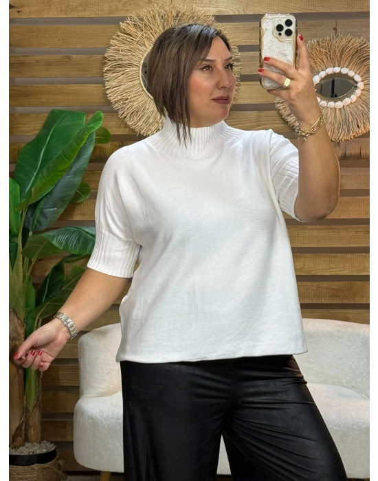 İtalyan Tasarım Dik Balıkçı Yaka Kazak Beyaz