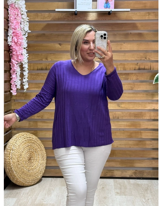 İtalyan Tasarım Fitilli V Yaka Bluz Mor