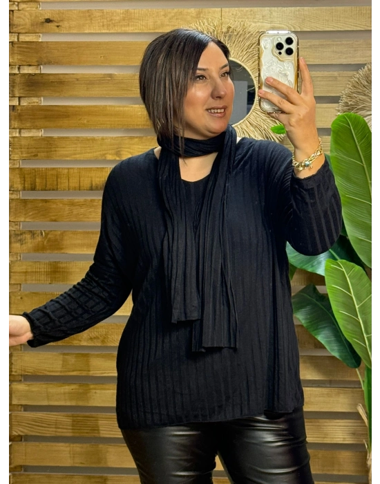 İtalyan Tasarım Fularlı Fitil Triko Bluz Siyah