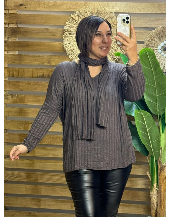 İtalyan Tasarım Fularlı Fitil Triko Bluz Kahve