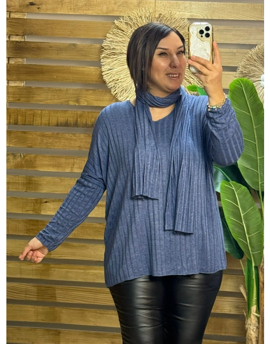 İtalyan Tasarım Fularlı Fitil Triko Bluz Mavi