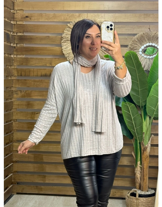 İtalyan Tasarım Fularlı Fitil Triko Bluz Krem