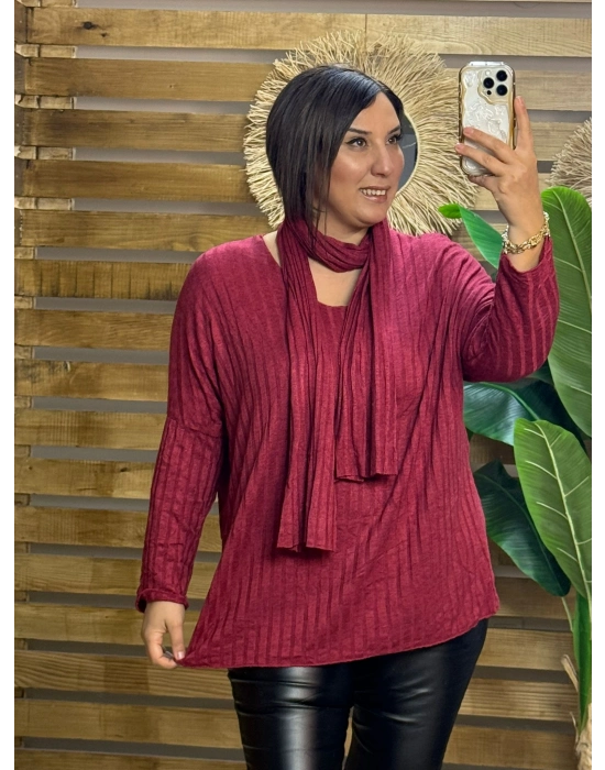 İtalyan Tasarım Fularlı Fitil Triko Bluz Bordo