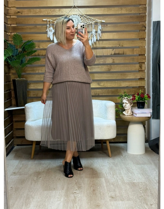 İtalyan Tasarım İkili Triko Bluz ve Tül Elbise Vizon