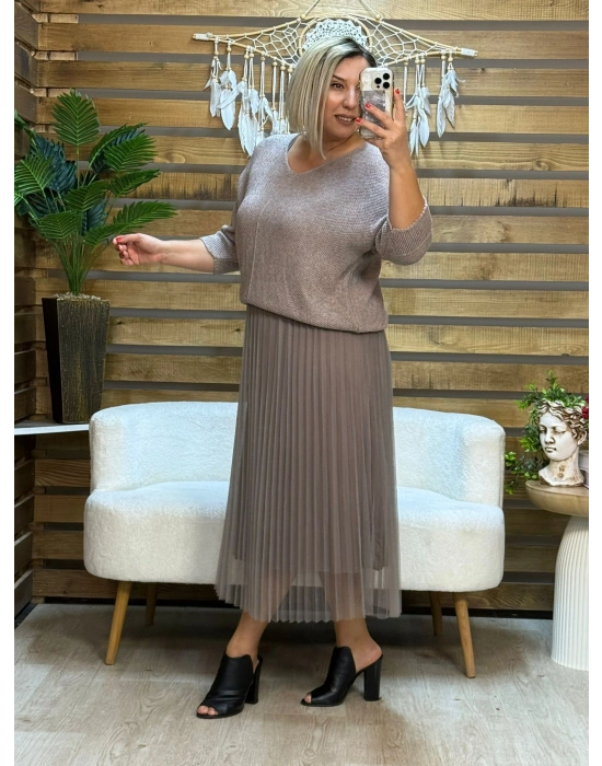 İtalyan Tasarım İkili Triko Bluz ve Tül Elbise Vizon