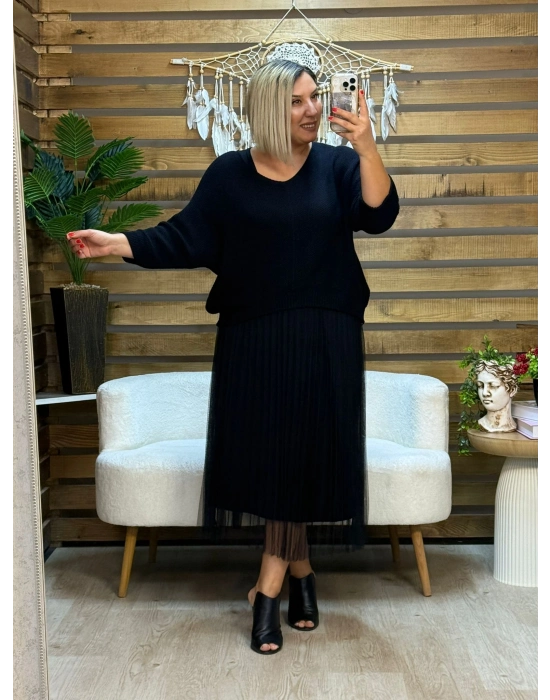 İtalyan Tasarım İkili Triko Bluz ve Tül Elbise Kahve