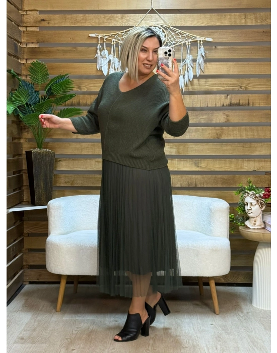 İtalyan Tasarım İkili Triko Bluz ve Tül Elbise Haki