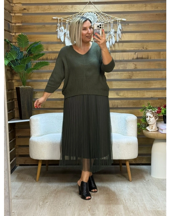 İtalyan Tasarım İkili Triko Bluz ve Tül Elbise Haki