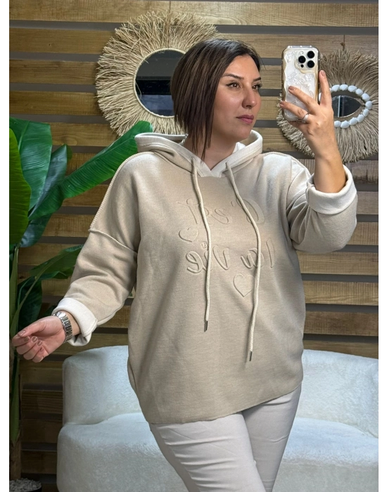 İtalyan Tasarım Kapşonlu Yazı Kabartma Örme Sweatshirt Krem