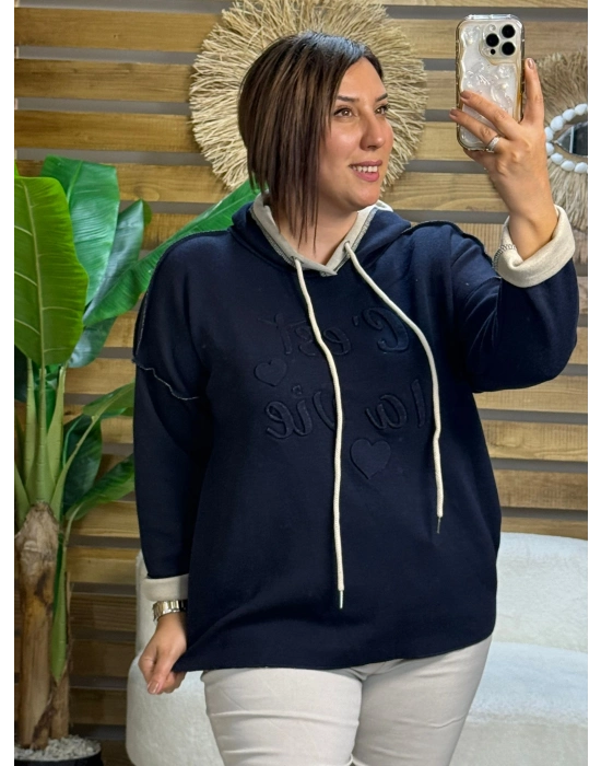 İtalyan Tasarım Kapşonlu Yazı Kabartma Örme Sweatshirt Lacivert