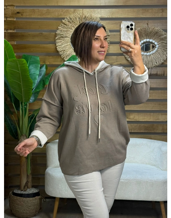 İtalyan Tasarım Kapşonlu Yazı Kabartma Örme Sweatshirt Vizon