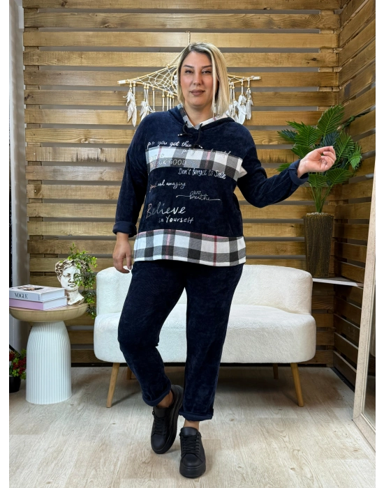 İtalyan Tasarım Kareli Kadife Takım Lacivert