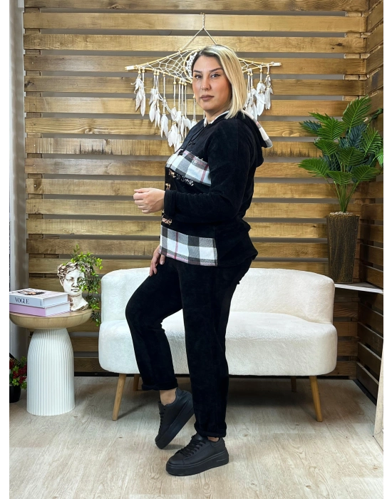 İtalyan Tasarım Kareli Kadife Takım Siyah