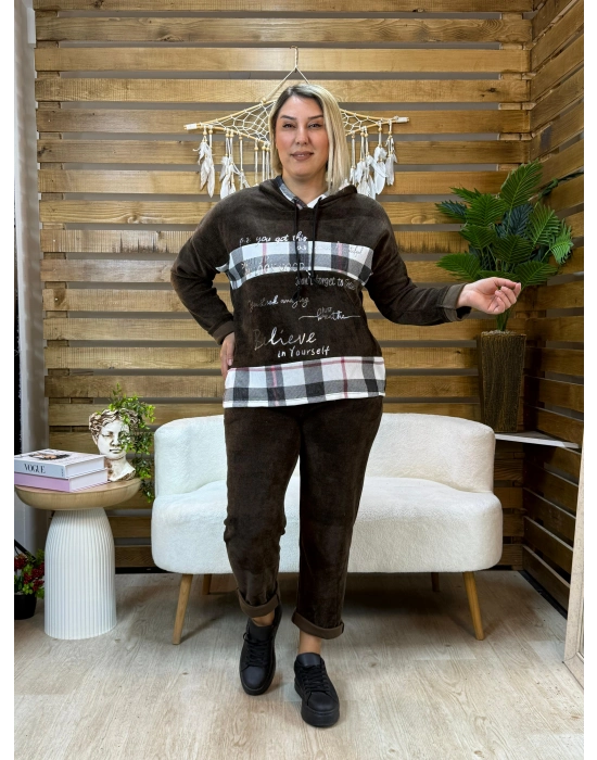 İtalyan Tasarım Kareli Kadife Takım Kahverengi