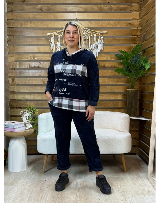 İtalyan Tasarım Kareli Kadife Takım Lacivert