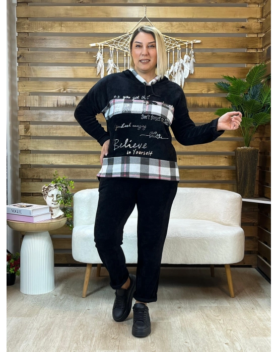 İtalyan Tasarım Kareli Kadife Takım Siyah