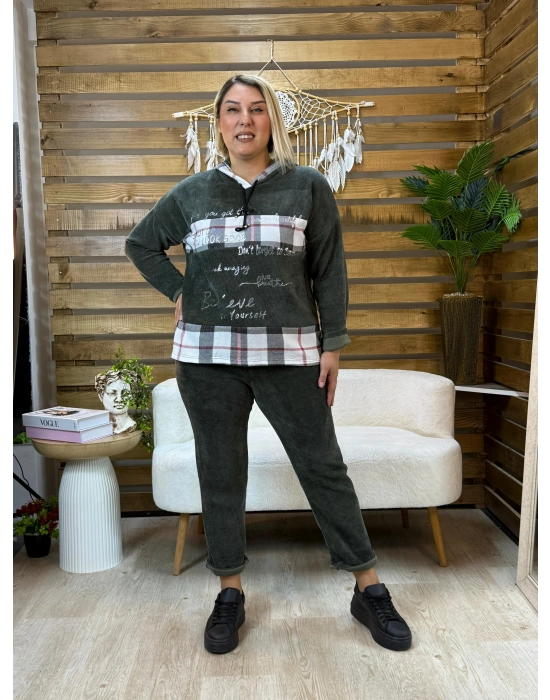 İtalyan Tasarım Kareli Kadife Takım Haki