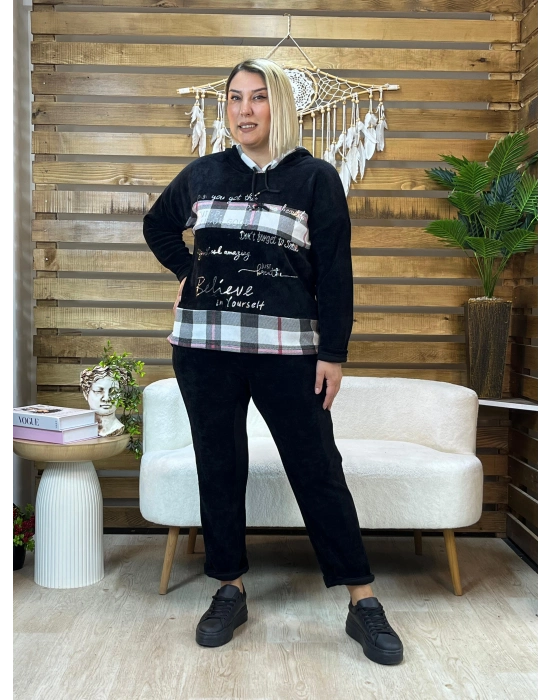 İtalyan Tasarım Kareli Kadife Takım Siyah