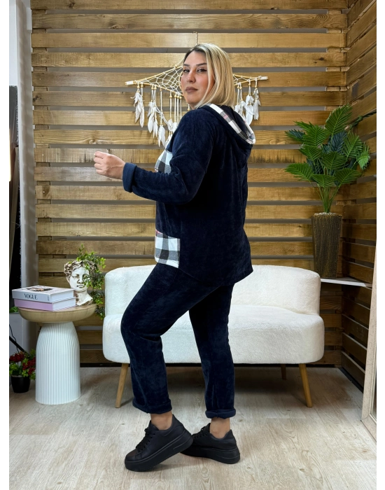 İtalyan Tasarım Kareli Kadife Takım Lacivert