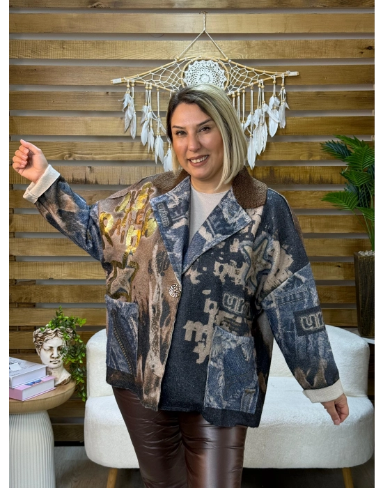 İtalyan Tasarım Keçe Blazer Ceket Yıldız Detaylı