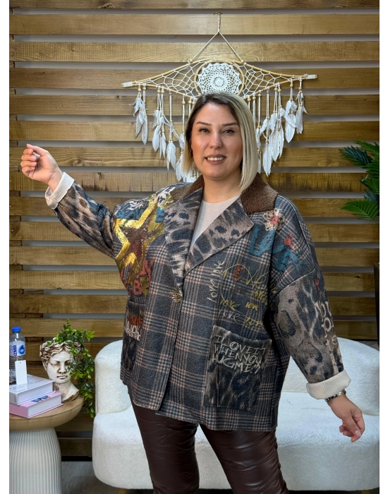 İtalyan Tasarım Keçe Blazer Ceket Yazı Detaylı