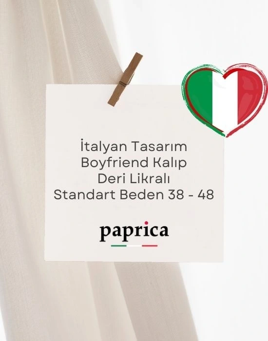 İtalyan Tasarım Kemerli Kapak Cep Detaylı Boyfriend Deri Pantolon Vizon