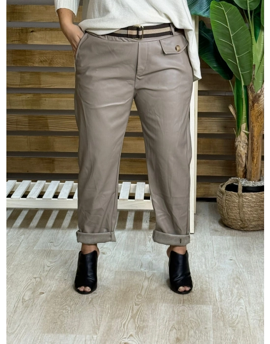 İtalyan Tasarım Kemerli Kapak Cep Detaylı Boyfriend Deri Pantolon Vizon