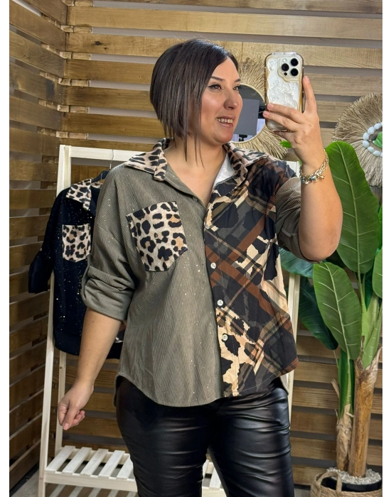İtalyan Tasarım Leopar Desen Kadife Gömlek Haki