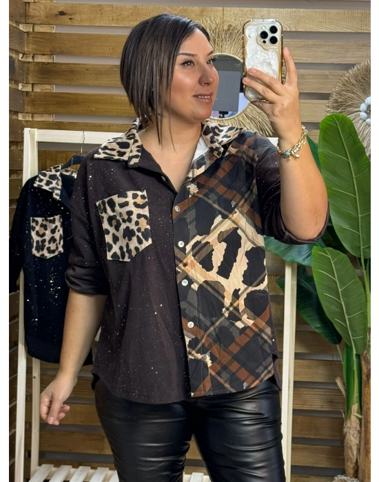 İtalyan Tasarım Leopar Desen Kadife Gömlek Acı Kahve