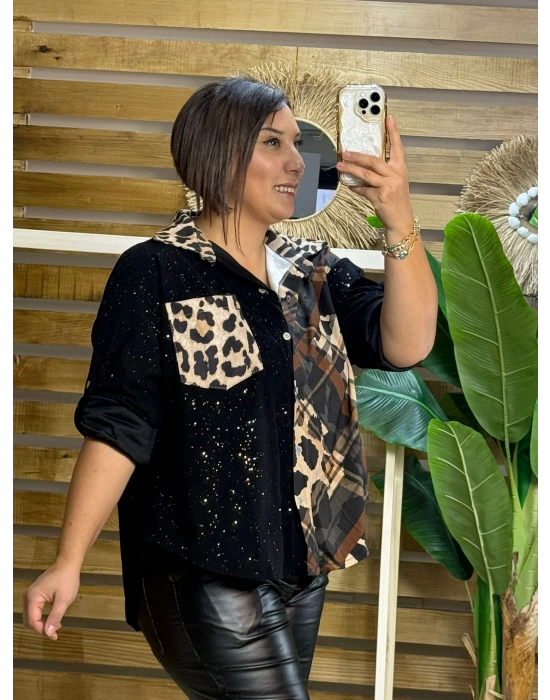İtalyan Tasarım Leopar Desen Kadife Gömlek Siyah