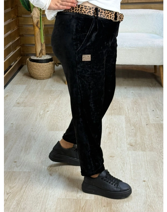 İtalyan Tasarım Leopar Desen Kemerli Kadife Boyfriend Pantolon Siyah