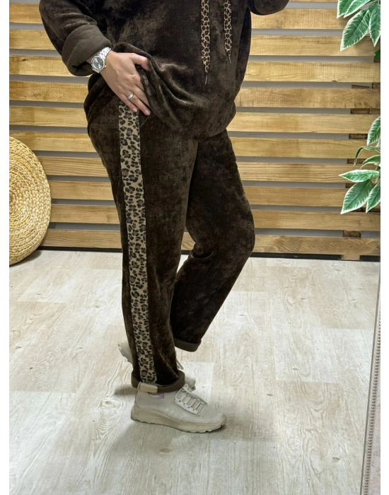 İtalyan Tasarım Leopar Desenli Kadife Takım Kahverengi
