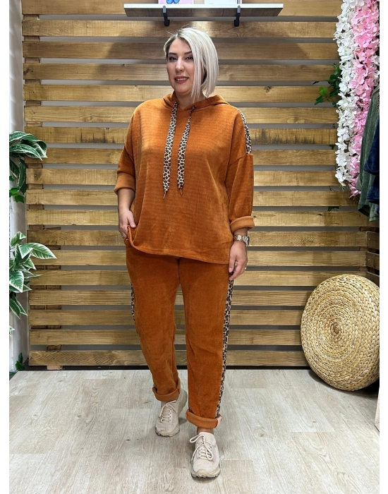 İtalyan Tasarım Leopar Desenli Kadife Takım Turuncu