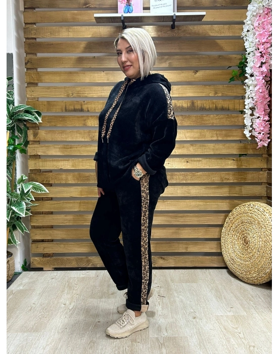 İtalyan Tasarım Leopar Desenli Kadife Takım Siyah