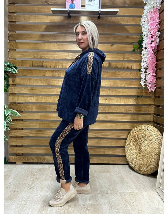 İtalyan Tasarım Leopar Desenli Kadife Takım Lacivert