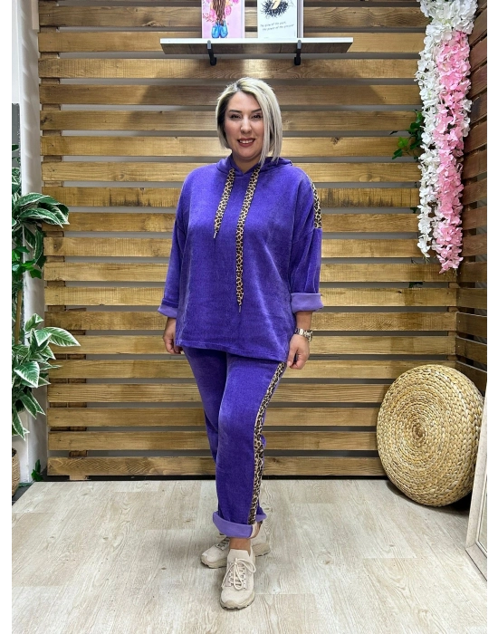 İtalyan Tasarım Leopar Desenli Kadife Takım Mor