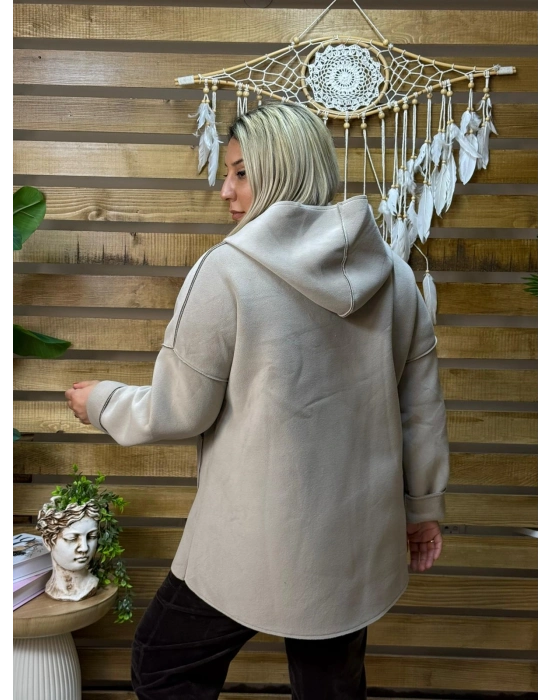 İtalyan Tasarım Nubuk Süet Kapüşonlu Ceket Krem