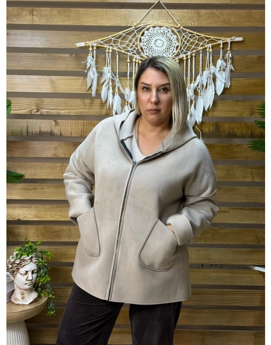 İtalyan Tasarım Nubuk Süet Kapüşonlu Ceket Krem