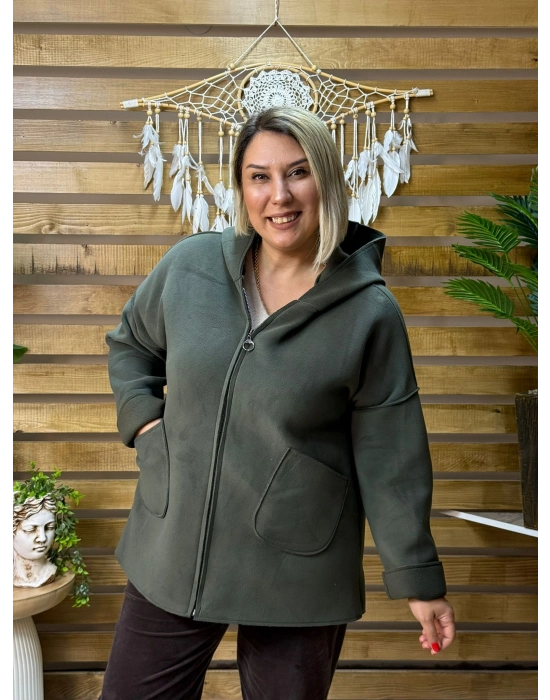 İtalyan Tasarım Nubuk Süet Kapüşonlu Ceket Haki