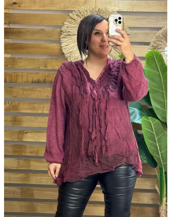 İtalyan Tasarım Önü İpek Fular Detaylı Arkası Triko Bluz Mürdüm